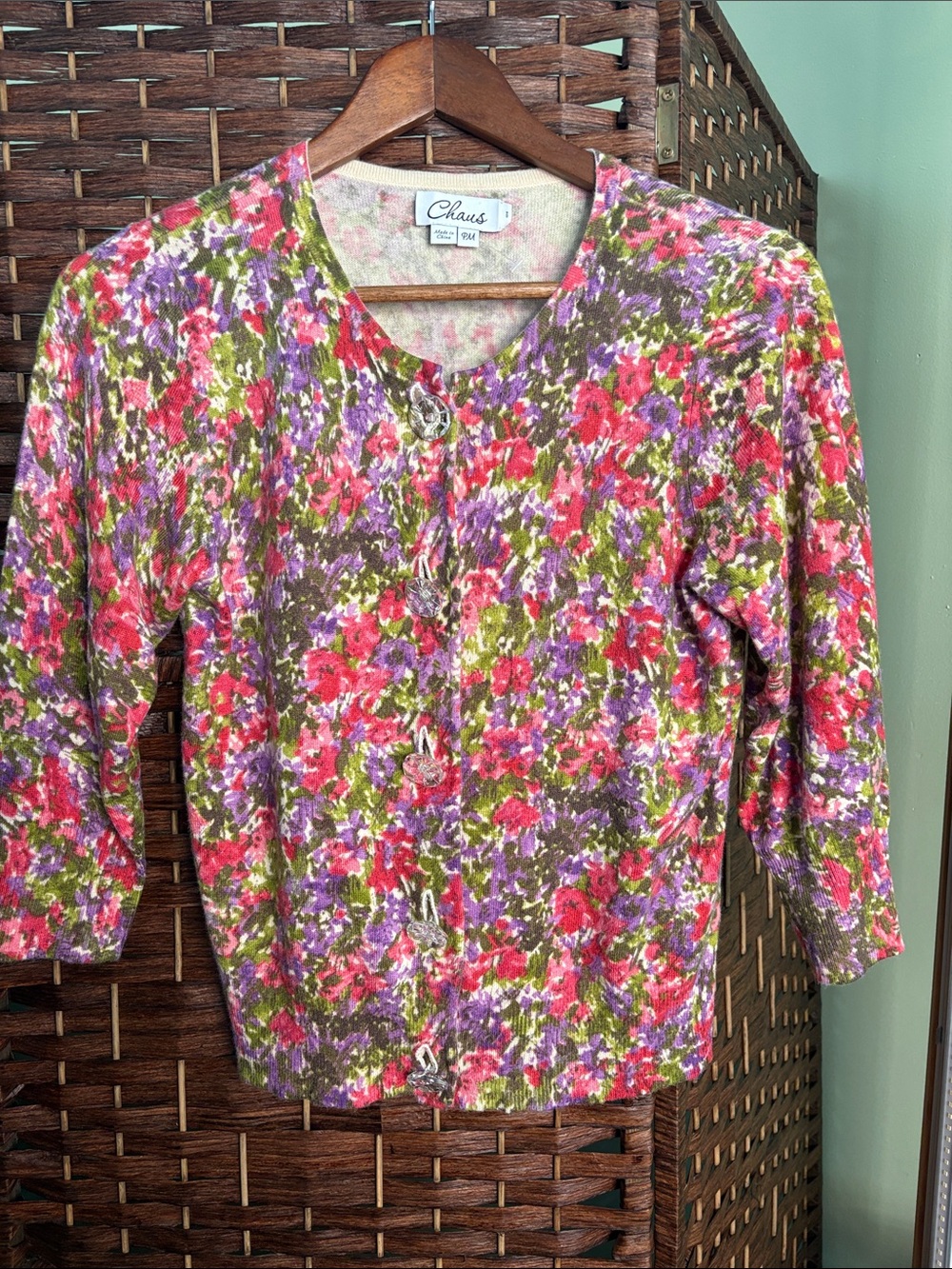 Silk & Angora Floral Button-Front Knit Top in Pink, Green & Purple